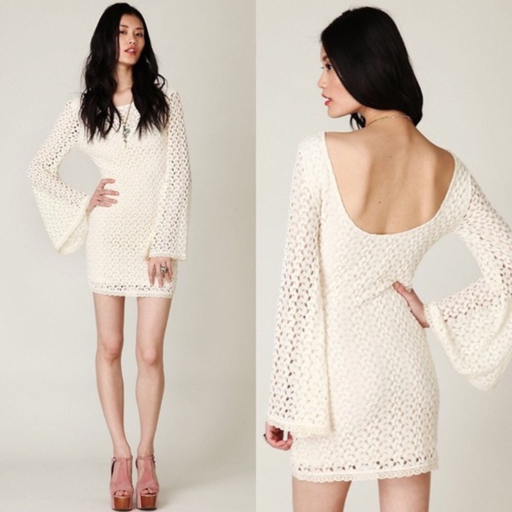 FP Gypsy Lace Cream Crochet Bell Sleeve Dress